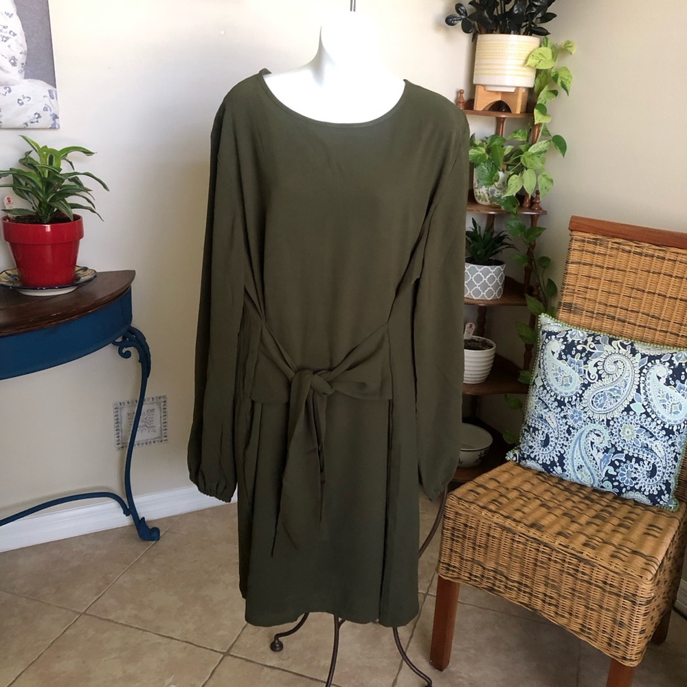 Olive Green Long Sleeve Tie-Waist Dress